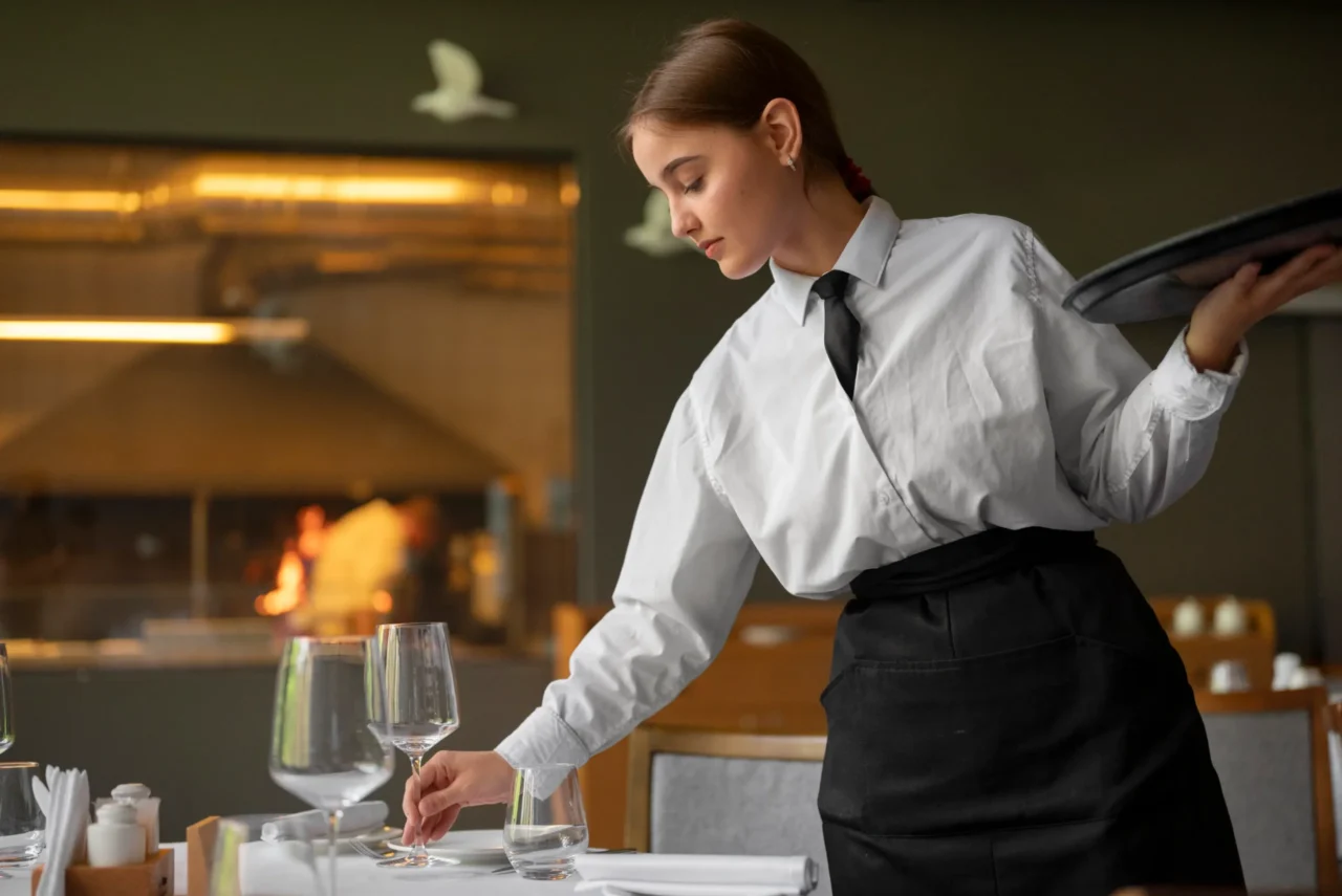 Kellnerin beim glaeser aufstellen 1.webp