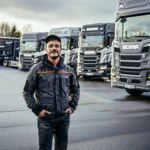 Lkw fahrer vor lkw parkplatz.webp